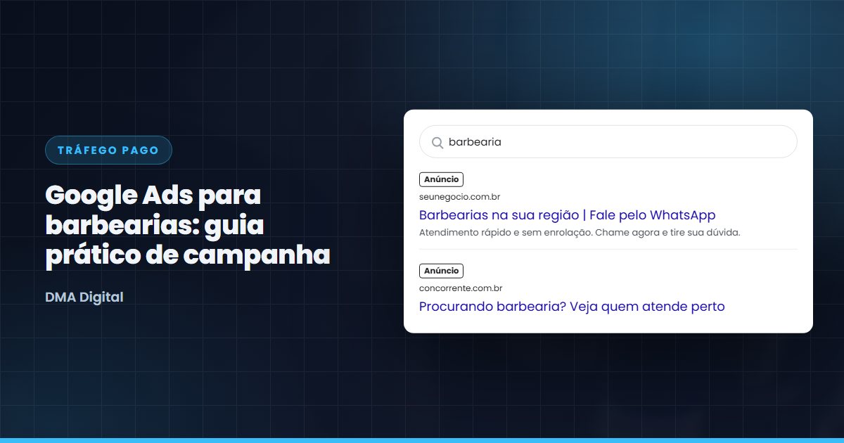 Notebook com painel do Google Ads aberto, cadeira de barbearia ao fundo